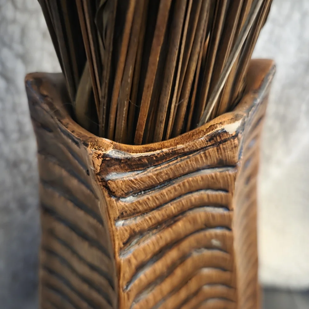 Vintage Carved Wood Table Vase w/ Dried Grass | Boho Accent Decor